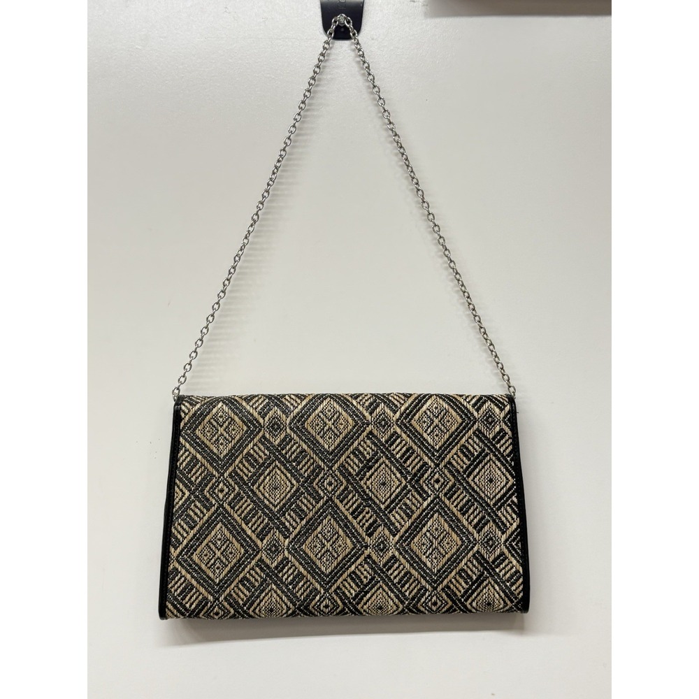 Poppie Jones Woven Rattan Black /Tan/ Purse Bag Clutch Silver Chain Snap Closure - Picture 2 of 12